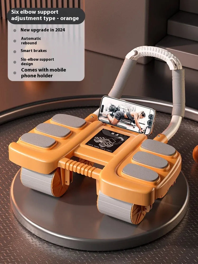 Orange four-wheel abdominal roller with elbow support pads and automatic rebound mechanism.