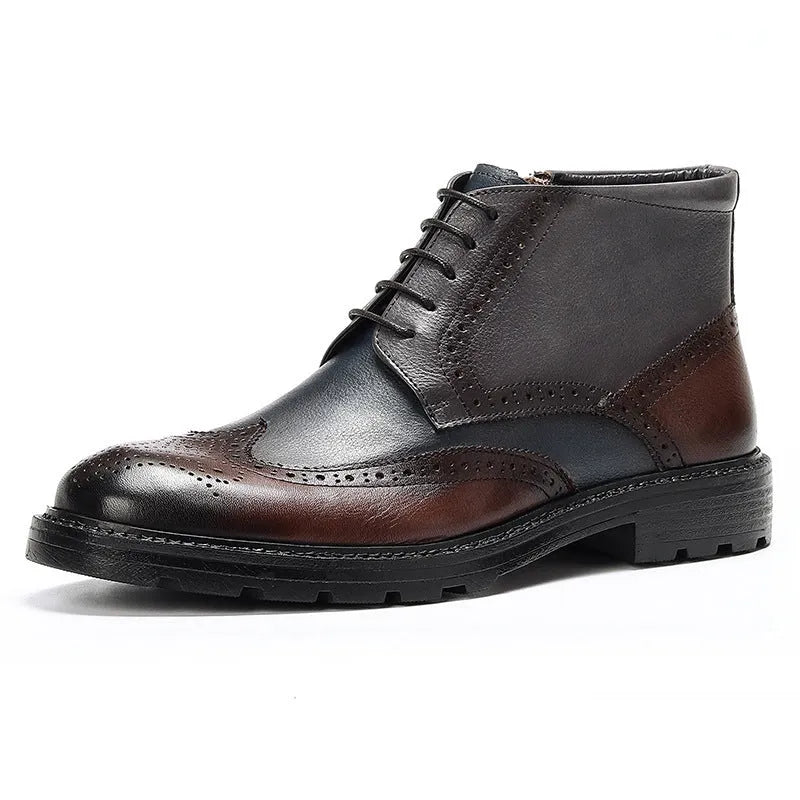 Men's curry blue leather brogue boots with colour blocking and carved stitching details on a low square heel.