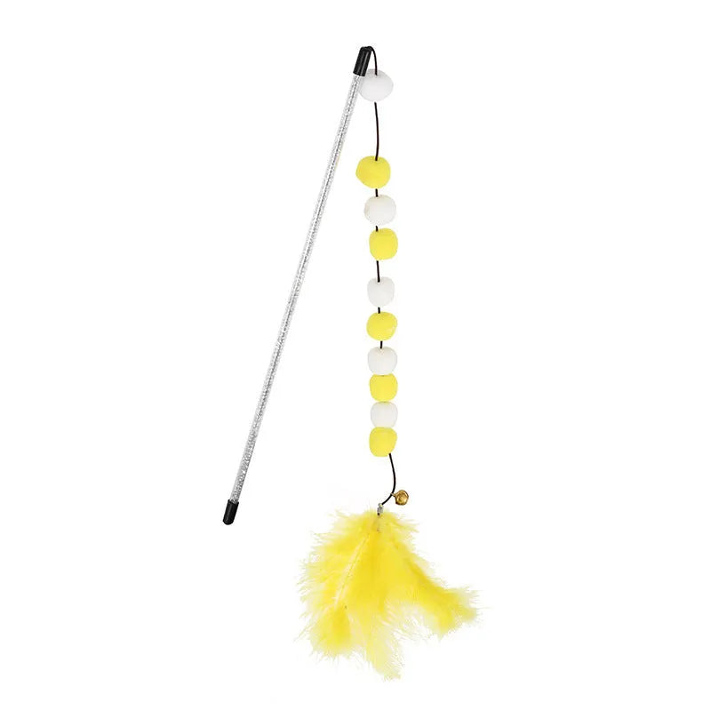 31cm long cat teaser rod with coloured acrylic pompons, feathers and bell attachment