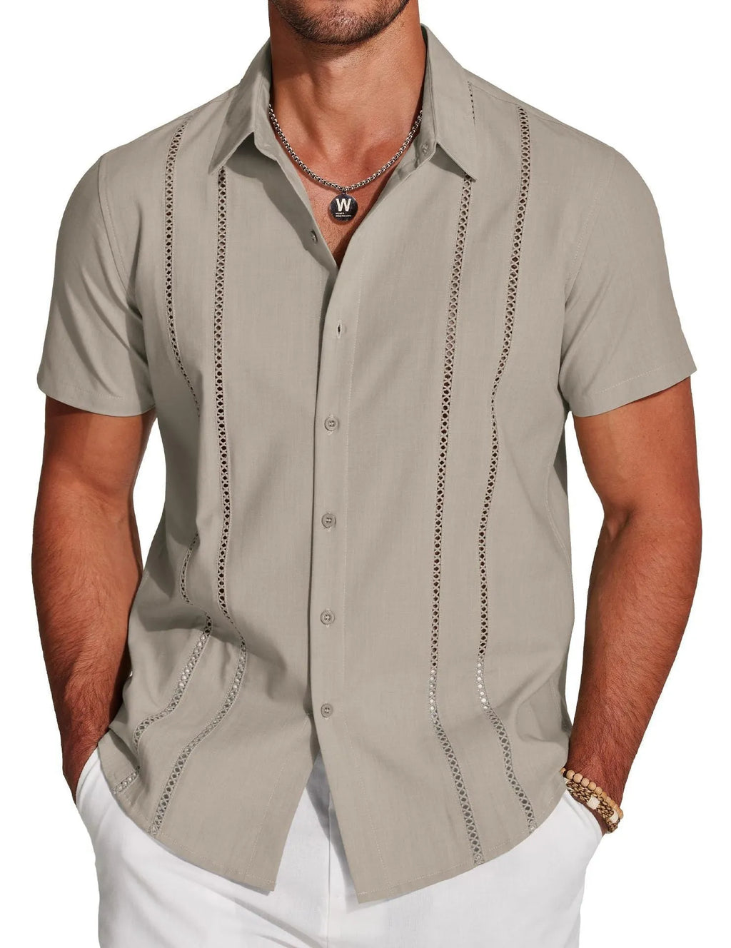 Men's slim fit Hawaiian short sleeve shirt with digital printing pattern and elastic polyester fabric