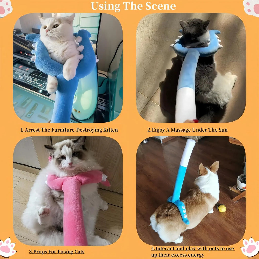 Blue plush cat wand toy extended to 70cm length with foam-filled front section