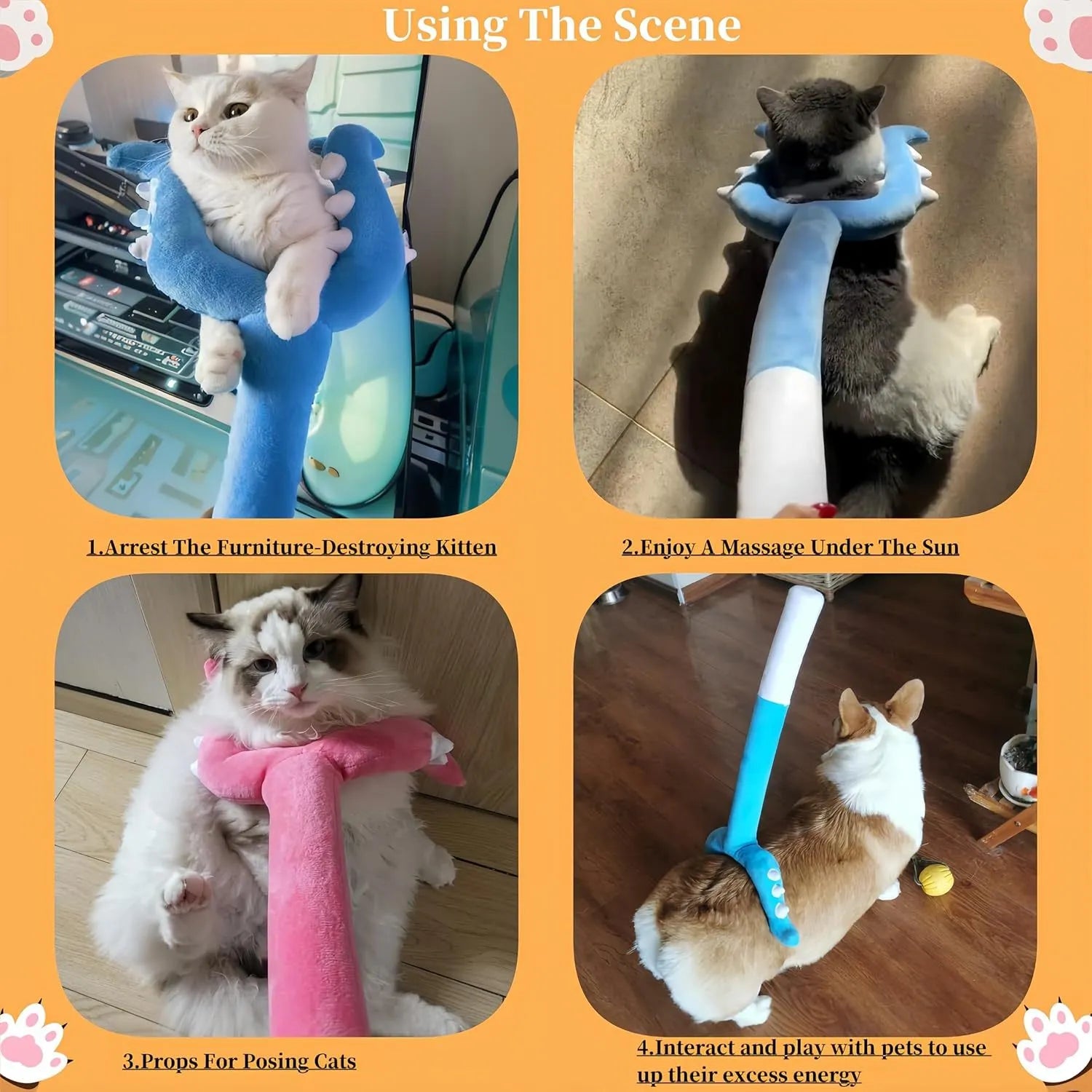 Blue plush cat wand toy extended to 70cm length with foam-filled front section