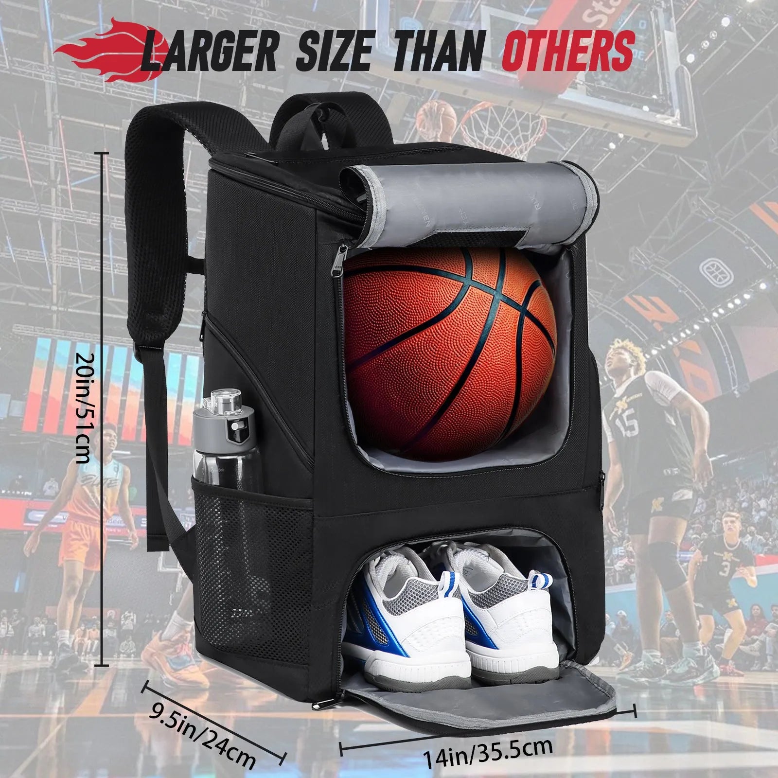 Black Oxford cloth basketball training backpack with large capacity for sports equipment