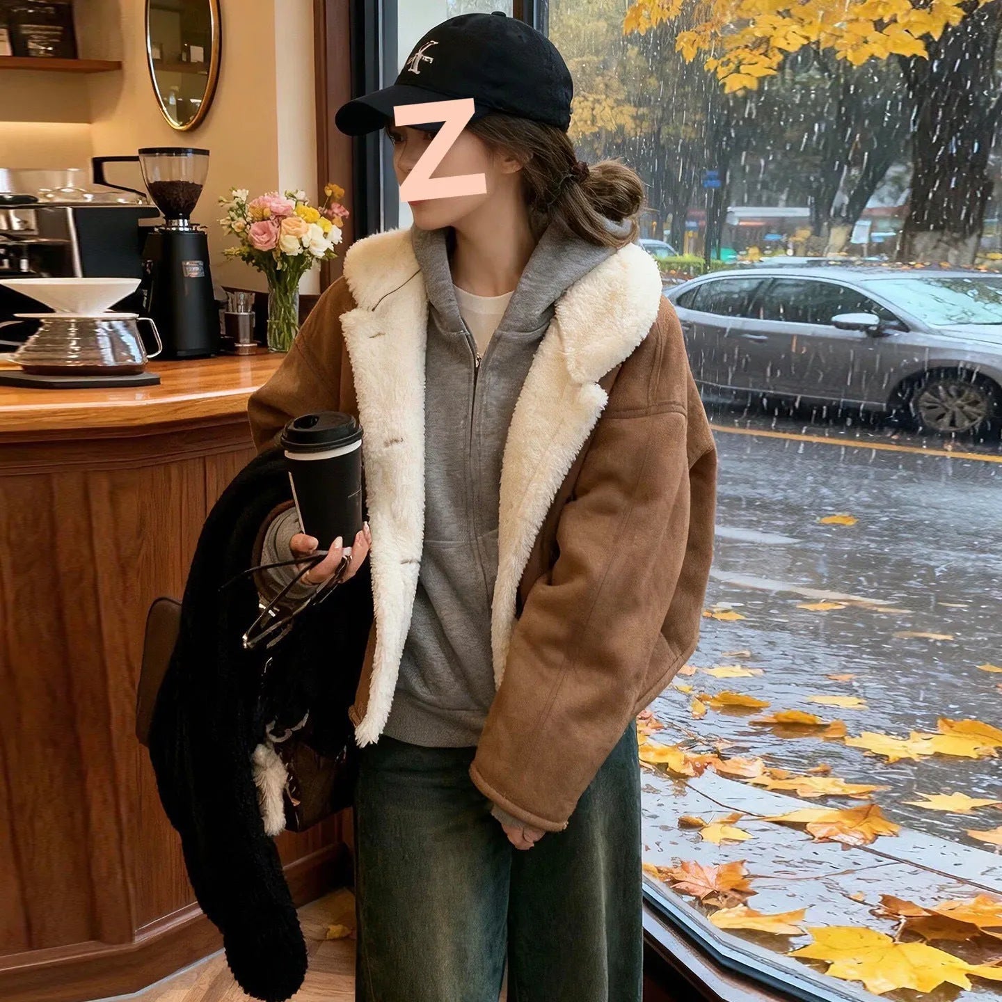 Fleece-lined short padded jacket for women in brown composite fleece with distressed details, loose fit