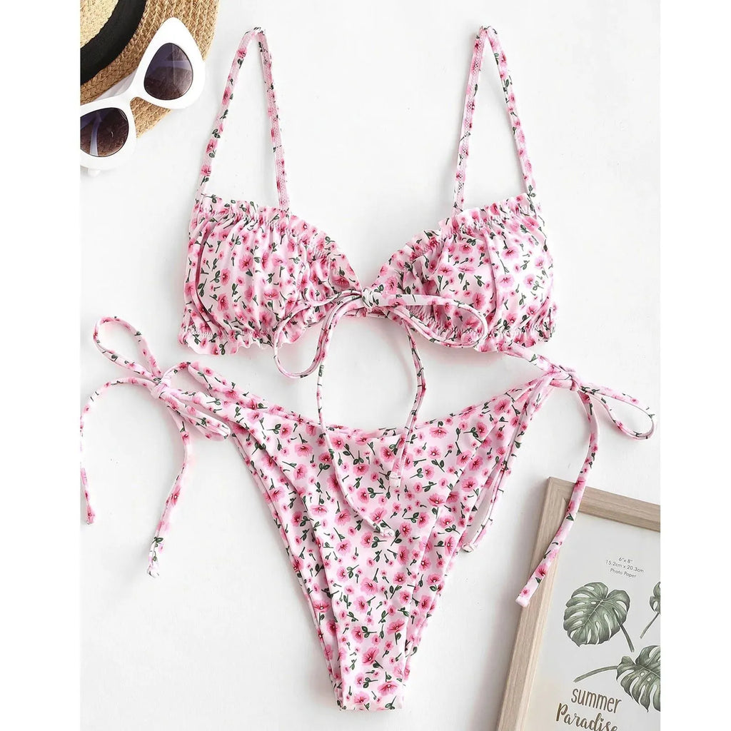 Women's printed multi-rope banded bikini swimsuit with lapel collar and short sleeves