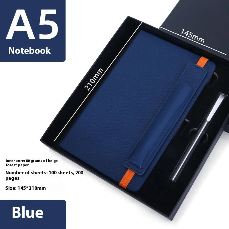 A5 faux leather notebook in blue with strap and pen insert, 200 pages, lying flat