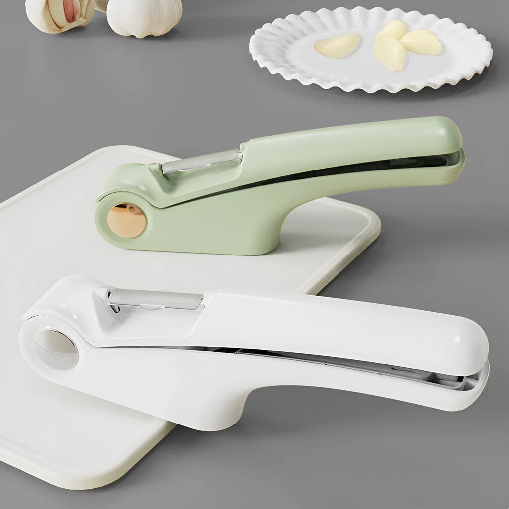 Manual garlic press in white, green, or orange with stainless steel plate and ABS handle.