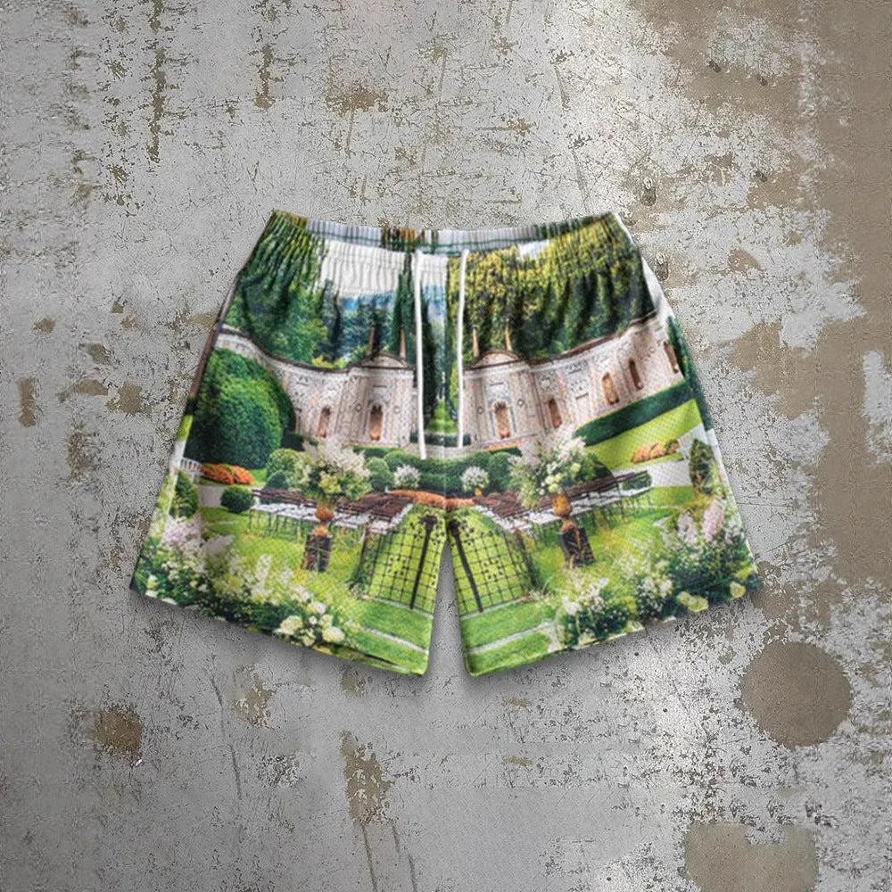 Man wearing loose-fitting quick-dry beach shorts with a digital print pattern in a summer setting.
