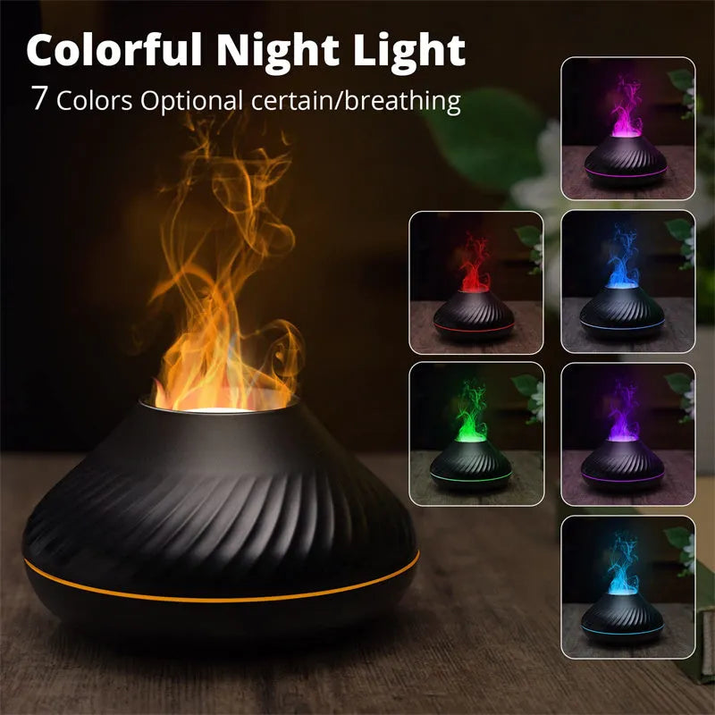 Beige USB aroma diffuser with flame-effect mist and colour-changing night light on a wooden table.