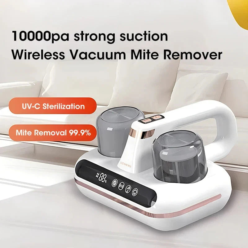 Cordless handheld vacuum cleaner with powerful suction and UV sterilization for effective dust mite removal from mattresses and bedding