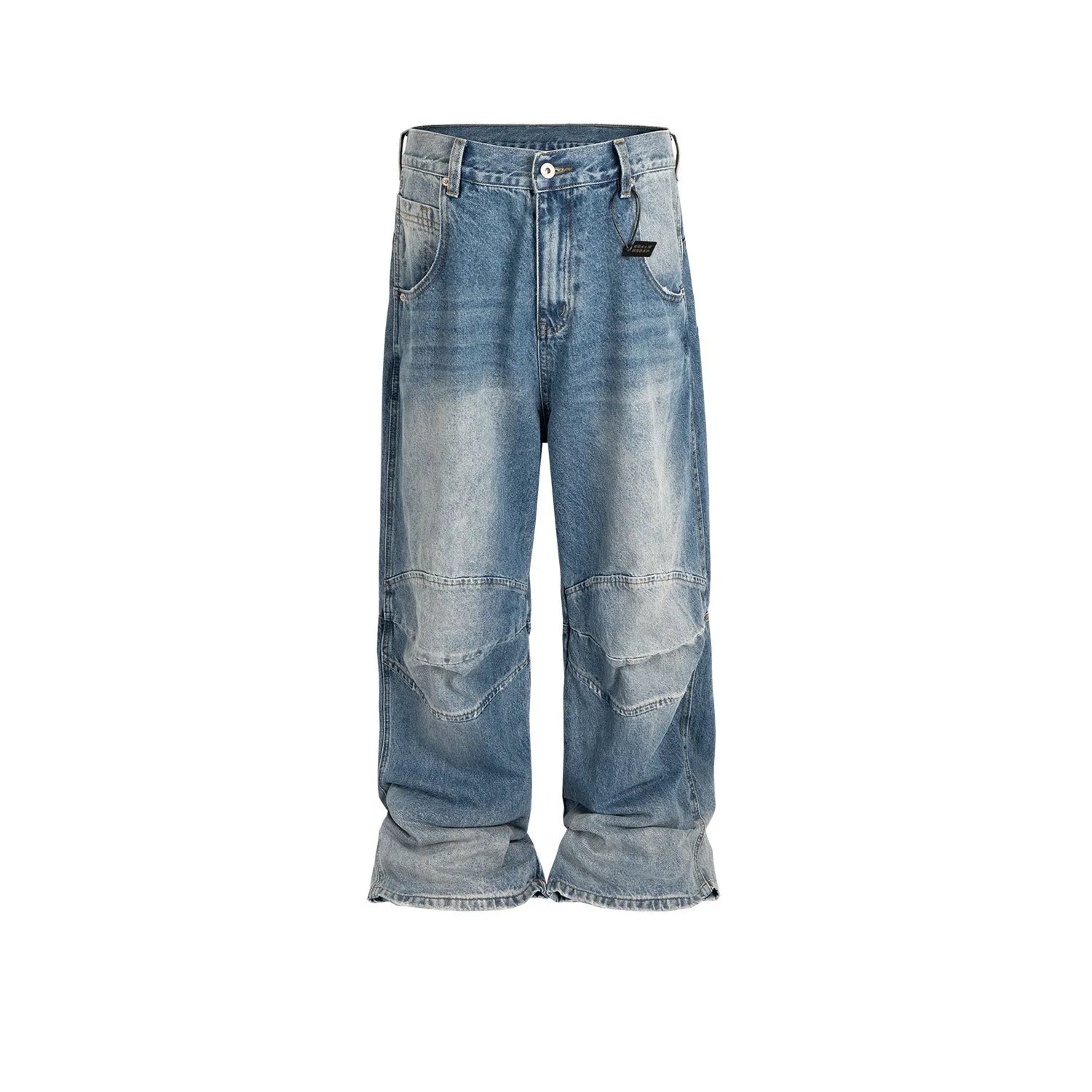 Baggy blue jeans with front pleats and a straight leg, shown in a washed denim finish.
