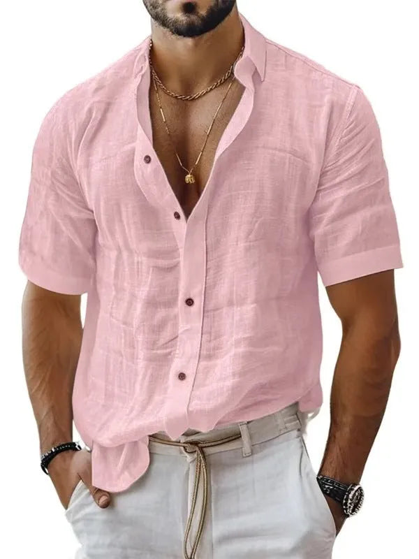 Men's short sleeve lapel shirt in light green, shown in a cardigan style with a casual fit.