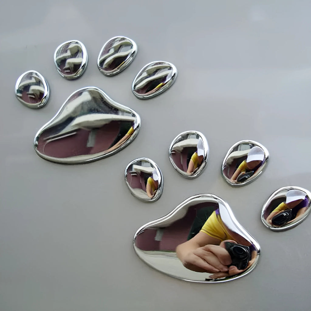 Hand-shaped brush car sticker with dog footprints design in red, silver, gold or black colour, 7 cm long.