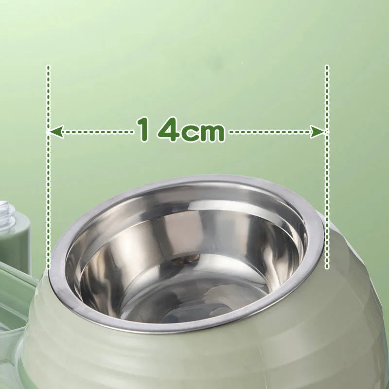 Brown elevated cat food bowl with automatic water dispenser bottle, whisker-friendly design