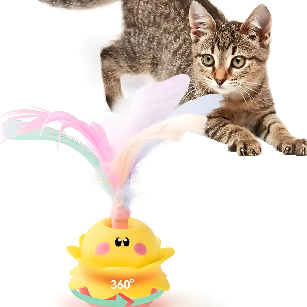 Pink interactive automatic cat feather toy with LED lights, chirping sound, and 360° rotation for indoor cats.