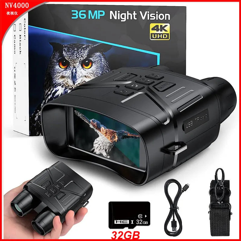 Black handheld night vision monocular with lens and screen, showing camouflage colour option.