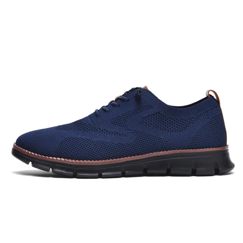 Men's flat bottomed casual tennis running shoes in dark blue black brown with EVA upper and rubber sole