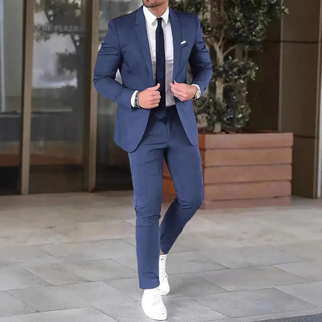 Two-piece slim-fit coat and trousers set in solid colours, polyester cotton blend, sizes M-4XL, spring light business style.