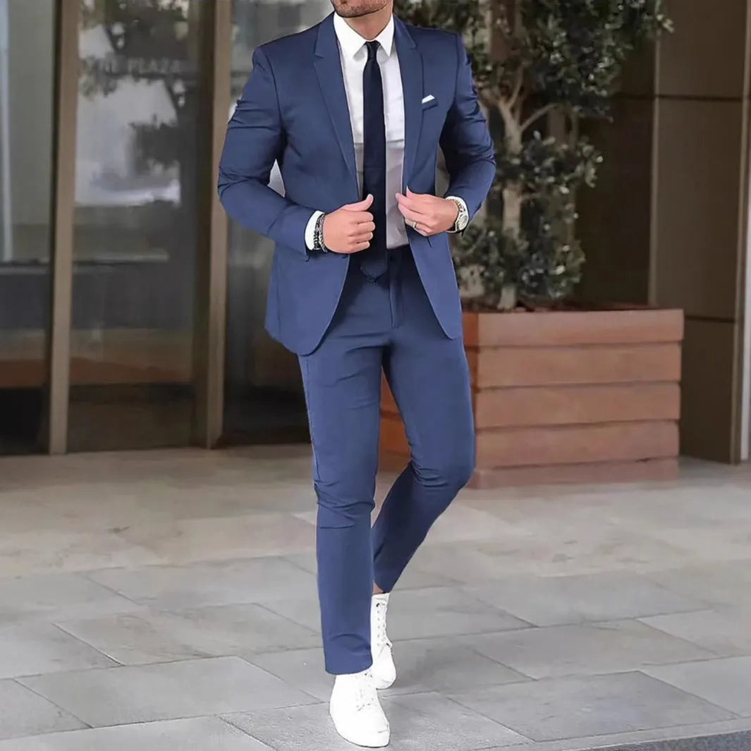 Two-piece slim-fit coat and trousers set in solid colours, polyester cotton blend, sizes M-4XL, spring light business style.