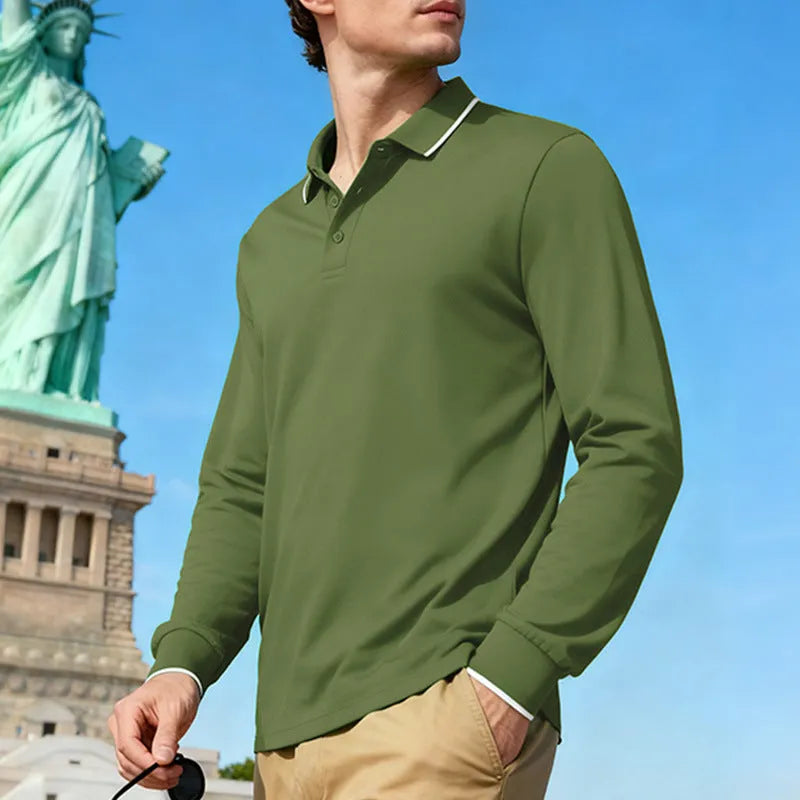 Men's long sleeve jacquard polo shirt, loose fit, solid colour, quick-dry polyester