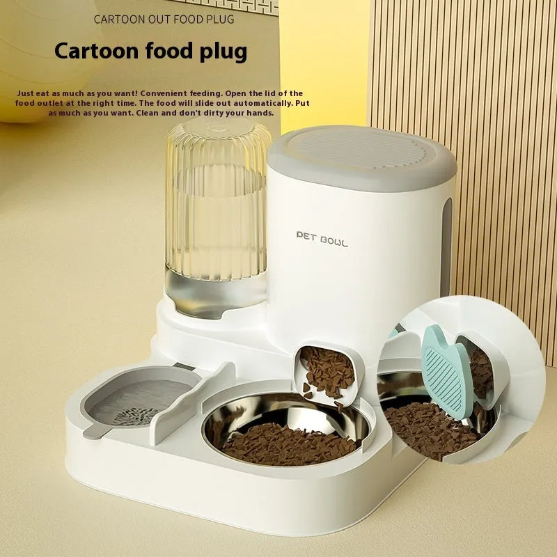 Automatic cat water fountain with two stainless steel feeding bowls in plastic housing
