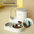 Automatic cat water fountain with two stainless steel feeding bowls in plastic housing