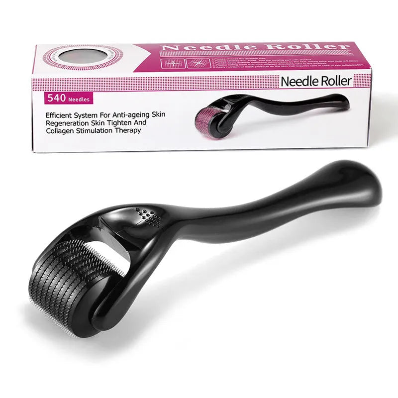 Derma roller with titanium microneedles and black handle, showing adjustable needle sizes from 0.2mm to 1.0mm