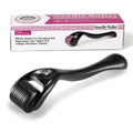 Derma roller with titanium microneedles and black handle, showing adjustable needle sizes from 0.2mm to 1.0mm