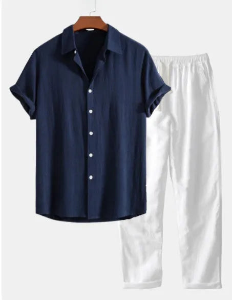 Men's casual cotton linen short sleeve suit in loose beachwear style with half sleeves and trousers