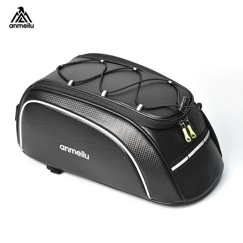 Waterproof black PU leather bicycle pannier bag mounted on a bike rear rack.