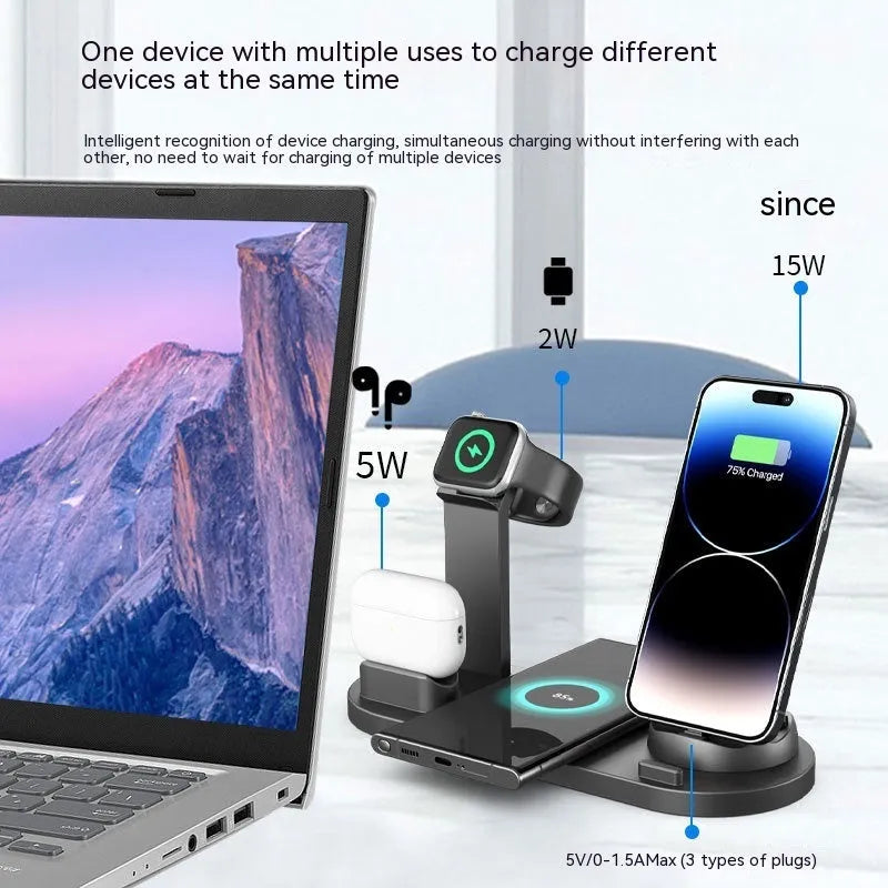 Black three-in-one wireless charging desk stand holding a phone, with integrated headphone bracket and fixed charging docks.