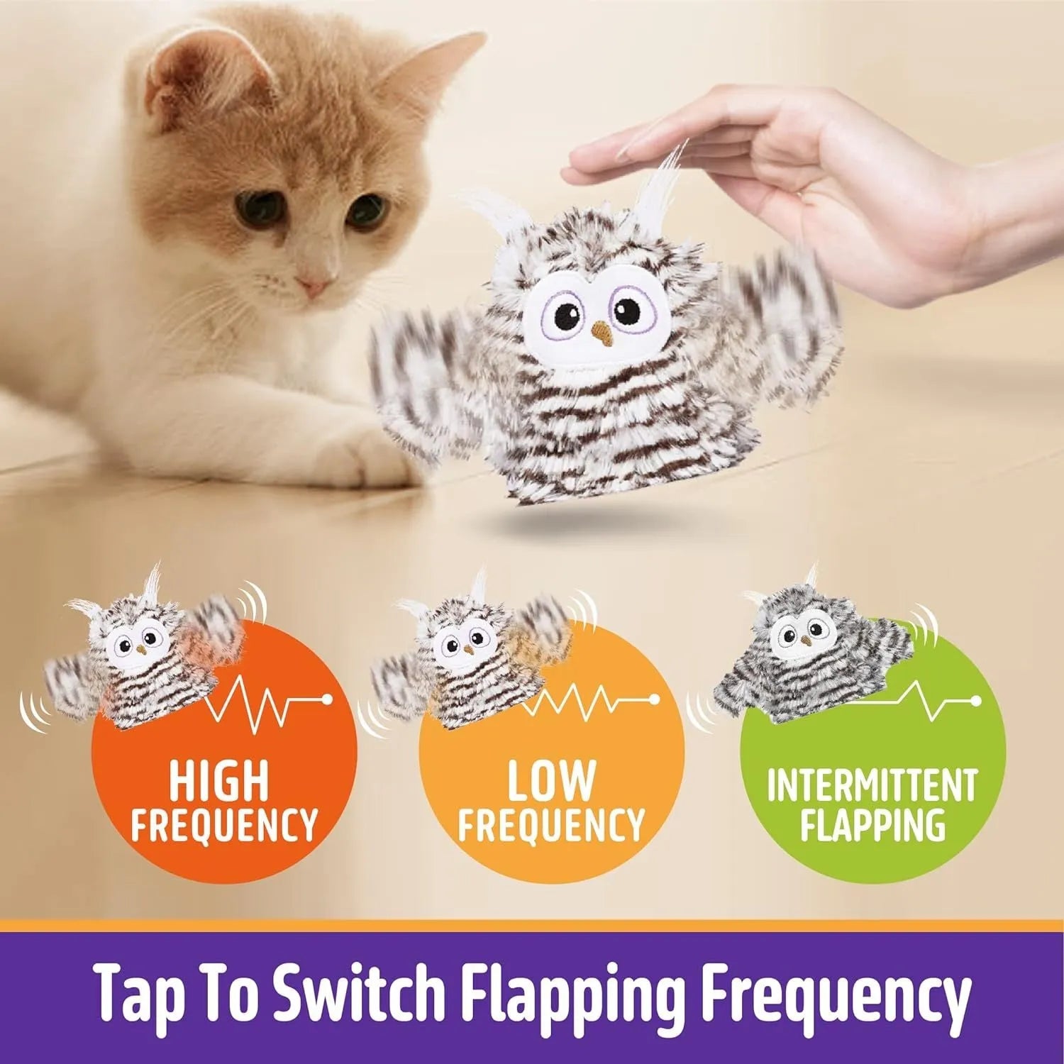 Gray automatic owl cat toy with beating wings on USB charger