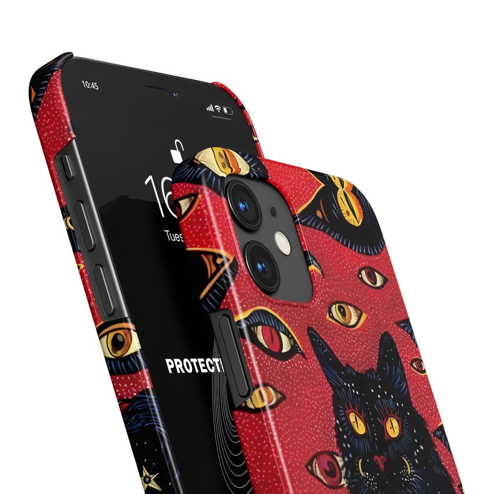 Retro cat eye design hard shell phone case for iPhone, shown in glossy and frosted finish options.