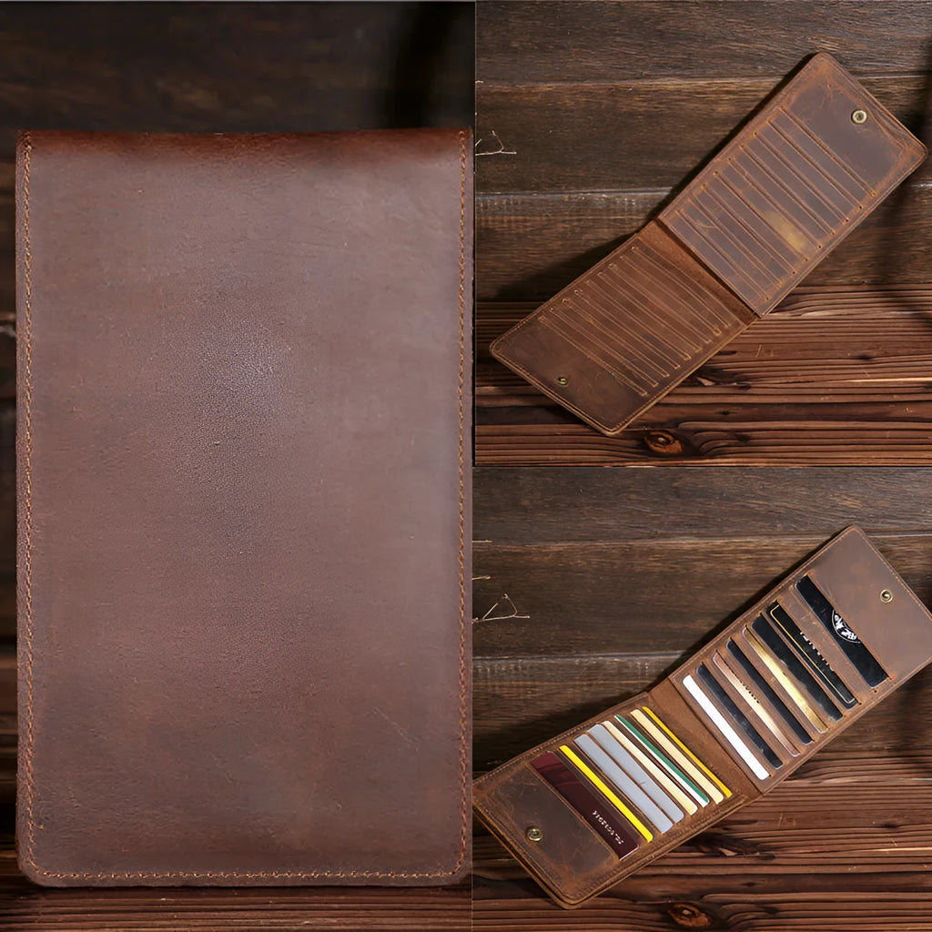 Men's black cowhide leather card holder wallet open to show 18 card slots, money pocket, and phone pocket.