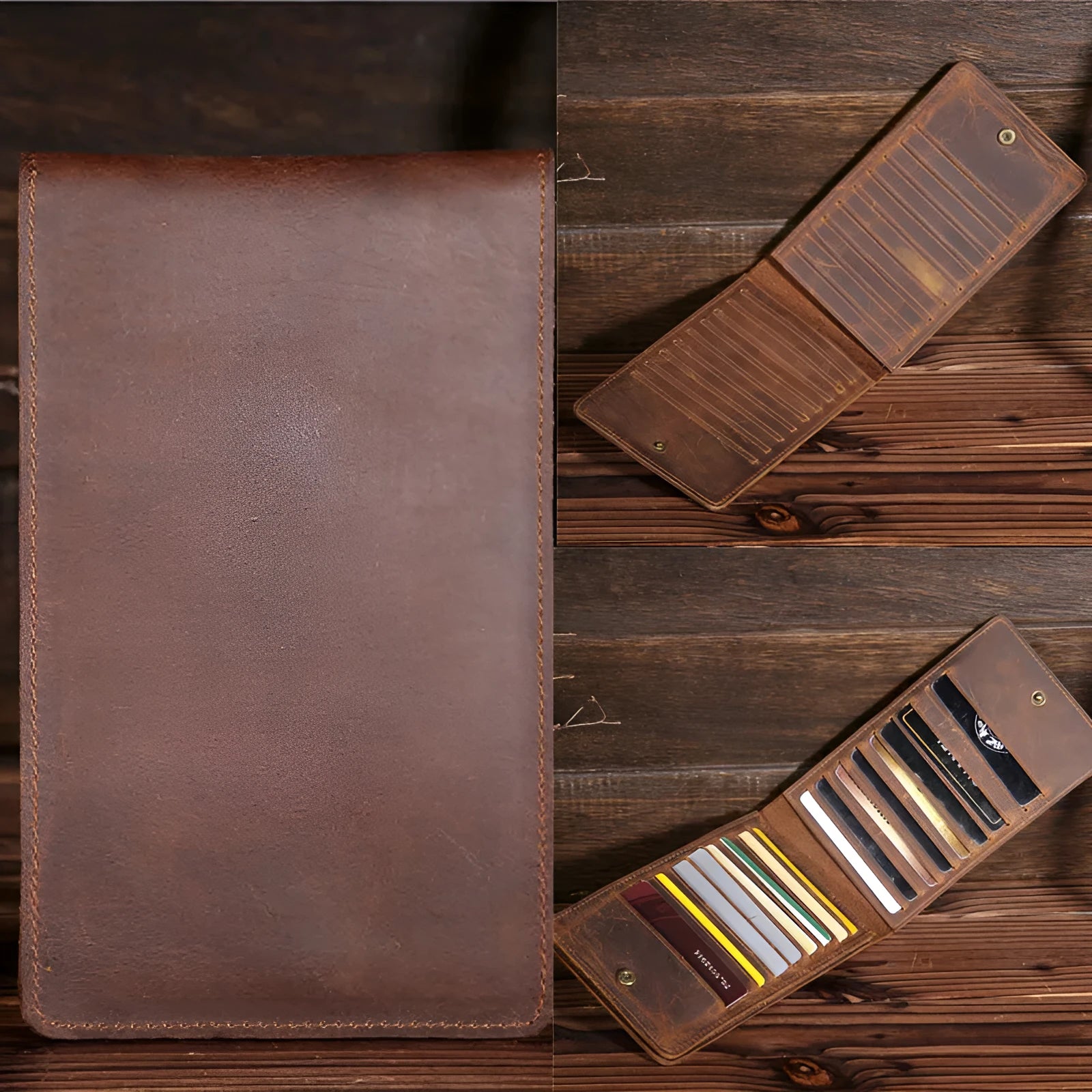 Men's black cowhide leather card holder wallet open to show 18 card slots, money pocket, and phone pocket.