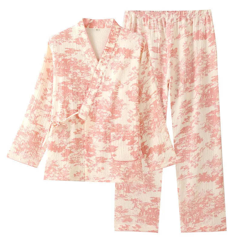 Women's cotton gauze loungewear set with long sleeve trousers in frosted pine tree colour options