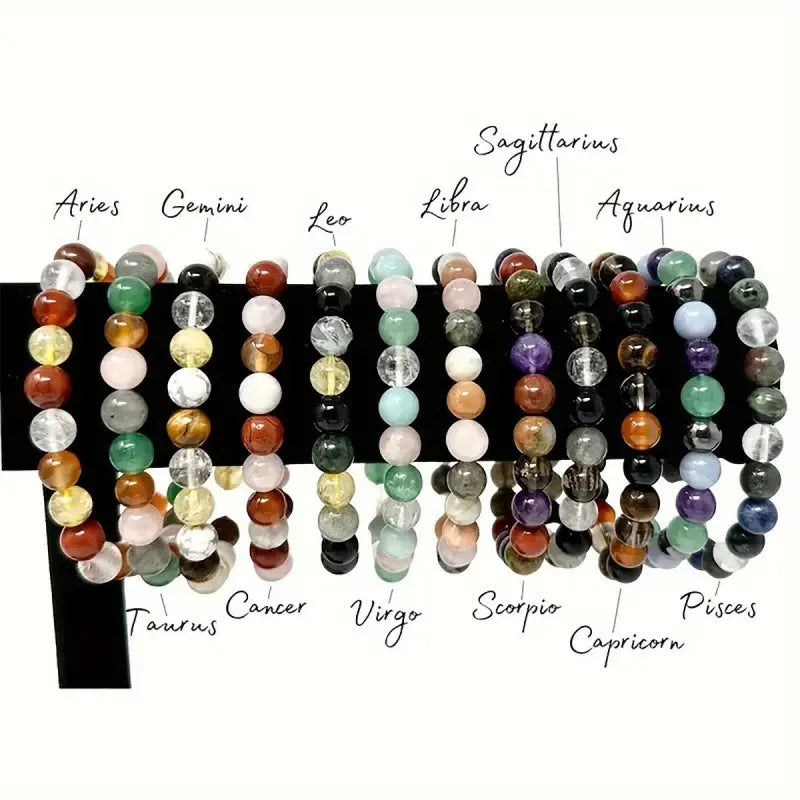 Natural stone beaded constellation bracelet in unisex handmade style with twelve zodiac sign options