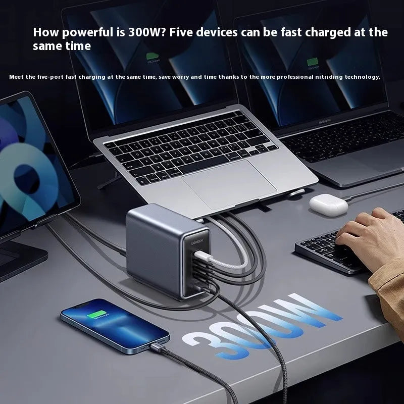 300W charging notebook charger head in Business Gray with 4C 1A interfaces, includes power cord and dual USB-C cable