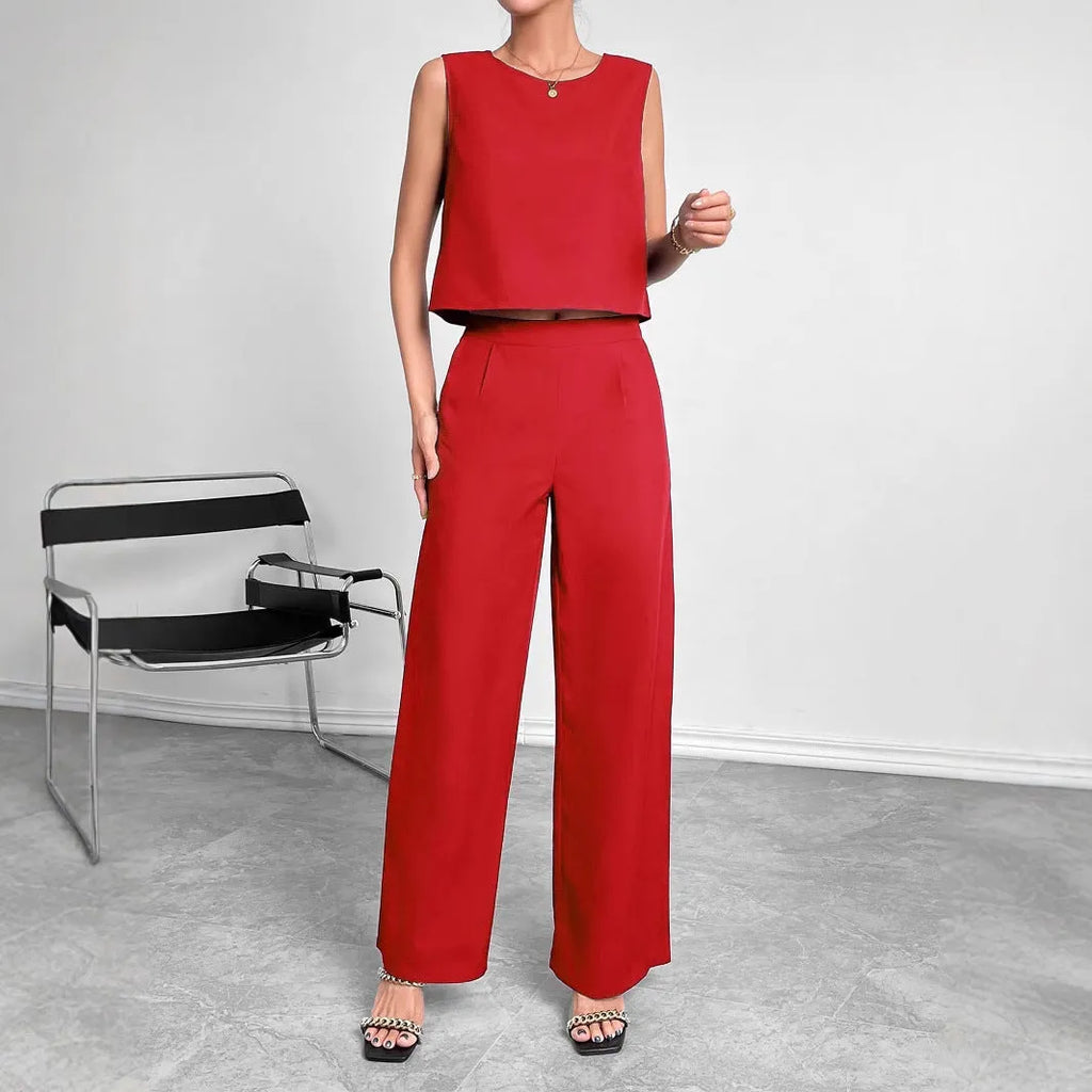 Women's red sleeveless top and wide leg trousers two-piece set
