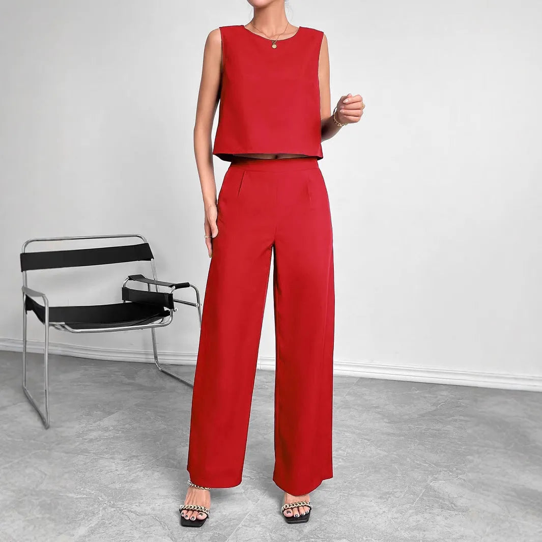 Women's red sleeveless top and wide leg trousers two-piece set