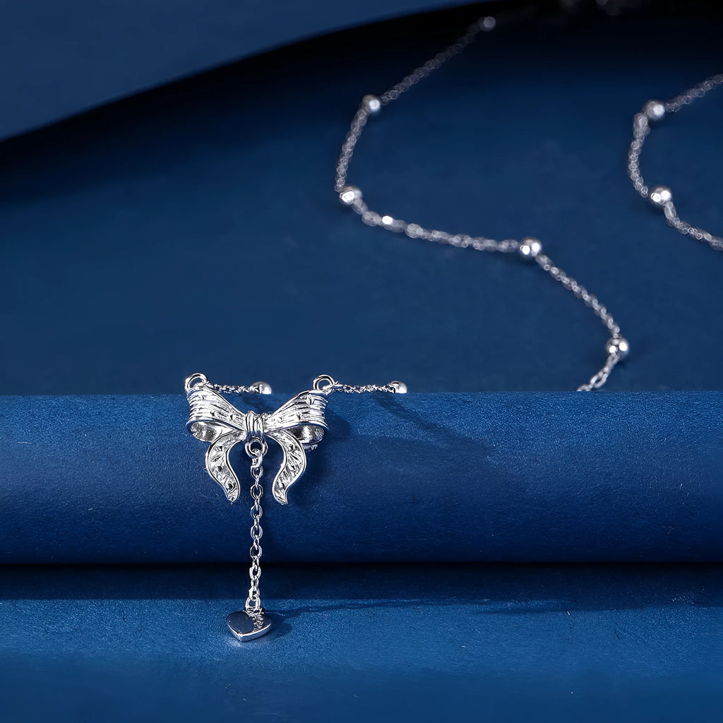 S925 silver butterfly heart pendant necklace with adjustable O-ring chain, 40-45 cm length
