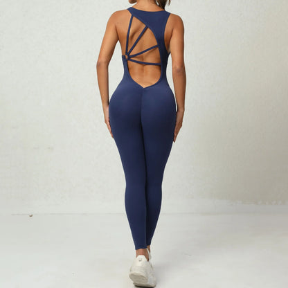 Sleeveless yoga jumpsuit with v-shaped back design, available in various colors and sizes