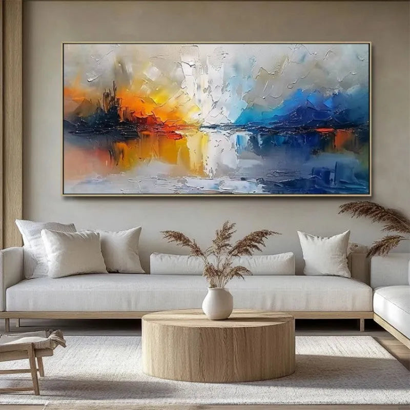 Hand-painted abstract landscape oil painting on canvas, horizontal modern wall art without inner frame, large size options