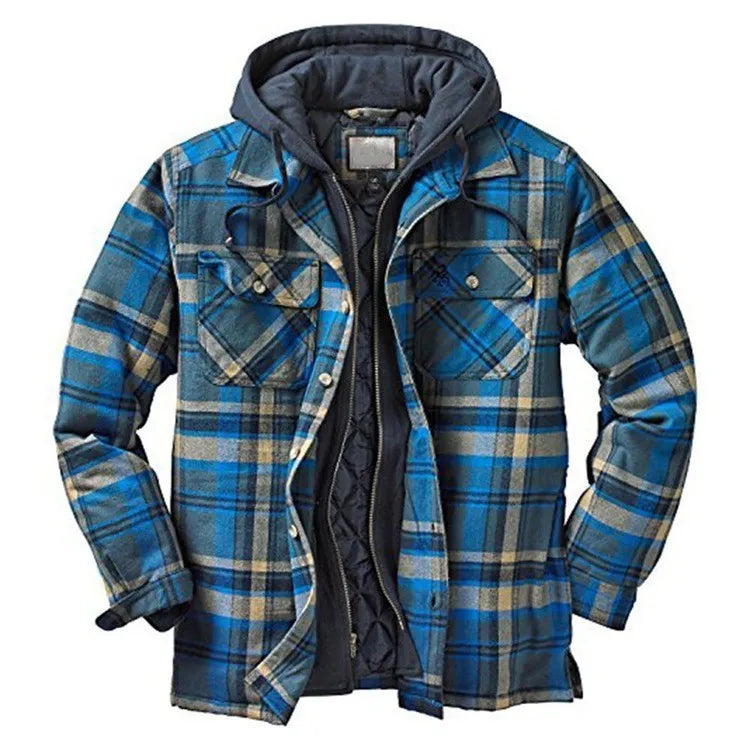 Men's thickened plaid hooded cardigan, loose fit, cotton lining, available in multiple colours and sizes S-5XL