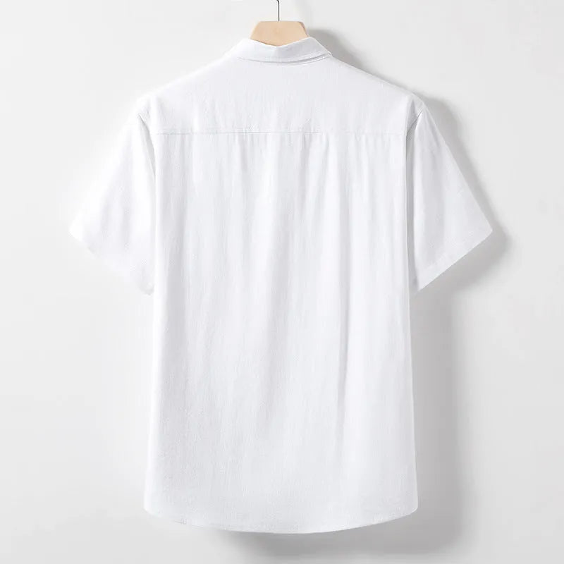 Men's loose lapel short sleeve t-shirt in hemp blend linen fabric, shown in solid colour.