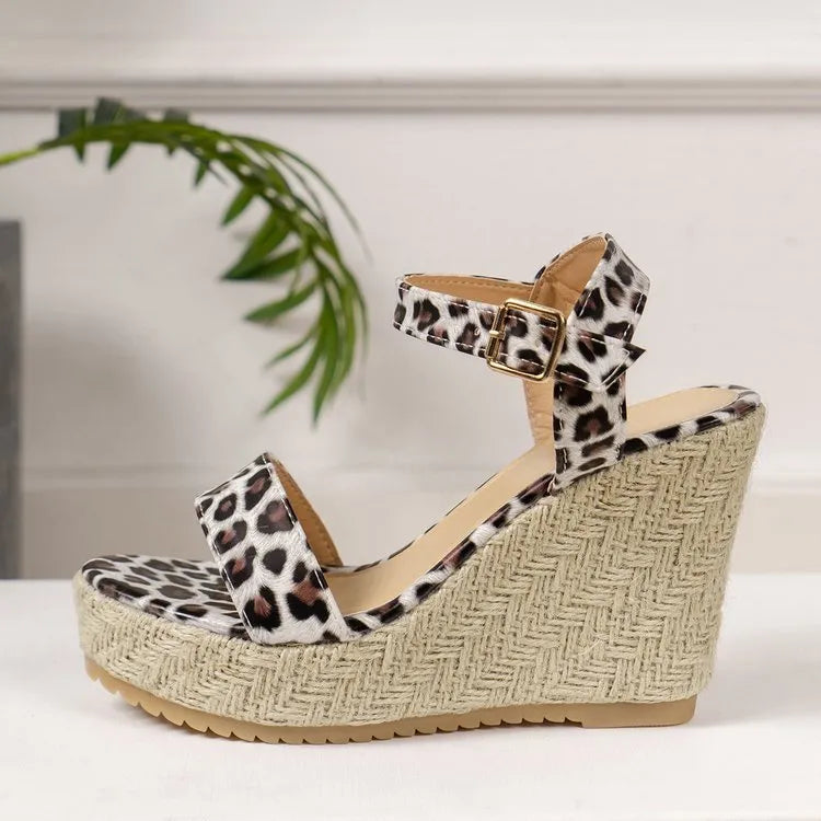 Belt buckle new leopard wedge women's sandals in brown leopard print with rubber sole and round toe