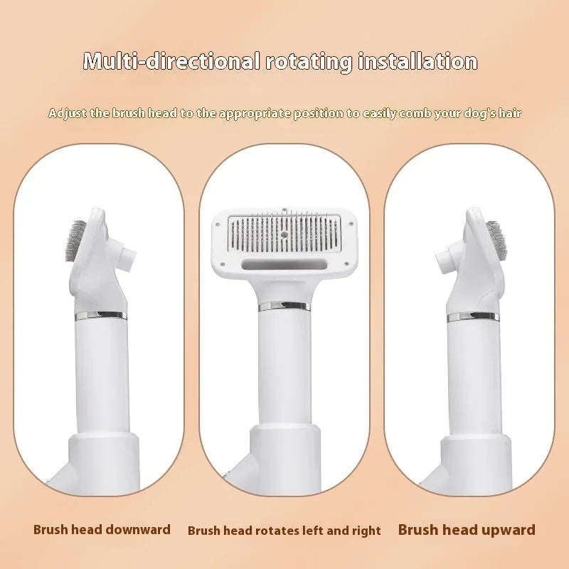 A beige pet hair dryer and a blue whirlpool comb for dog grooming and deshedding.