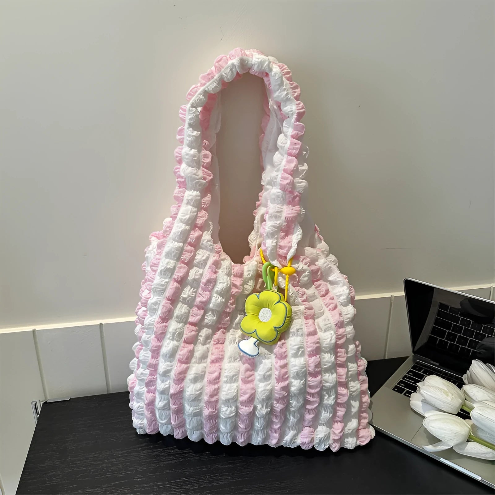 Women's soft polyester pleated bubble crossbody shoulder bag with detachable pendant