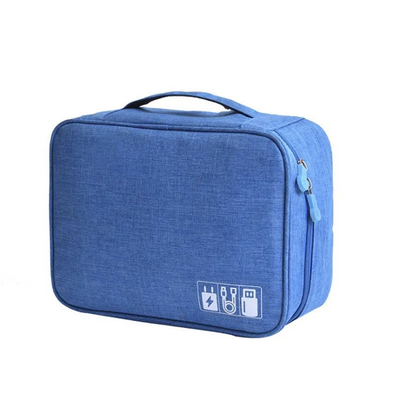 Cationic polyester digital accessories storage bag in one of six colours, shown with cables inside.