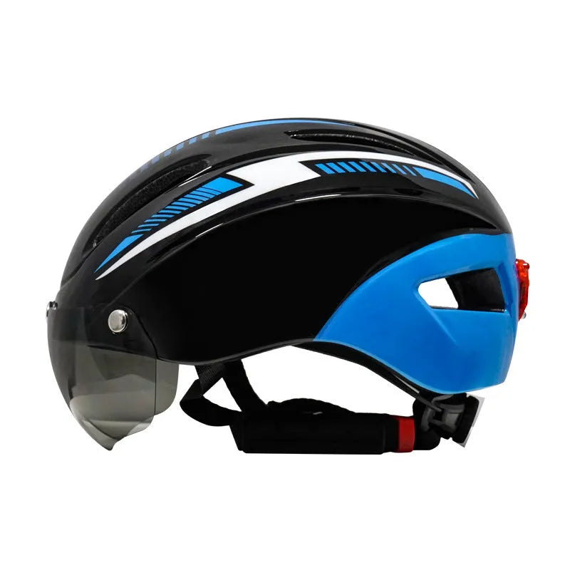 Adult cycling helmet with integrated red taillight on the back, shown in a blue, white, and black colour scheme.